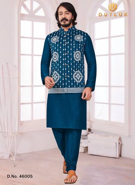 Teal Blue Colour New Exclusive Festive Wear Kurta Pajama With Jacket Mens Collection 46005